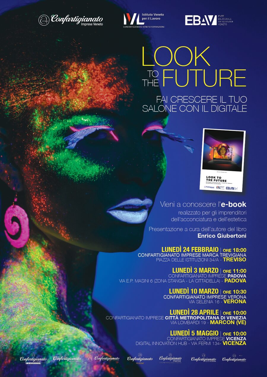 La locandina del tour «Look to the Future» 2025 di Confartigianato Imprese Veneto, con le cinque tappe di Treviso, Padova, Verona, Marcon e Vicenza e la presentazione a cura dell’autore Enrico Giubertoni