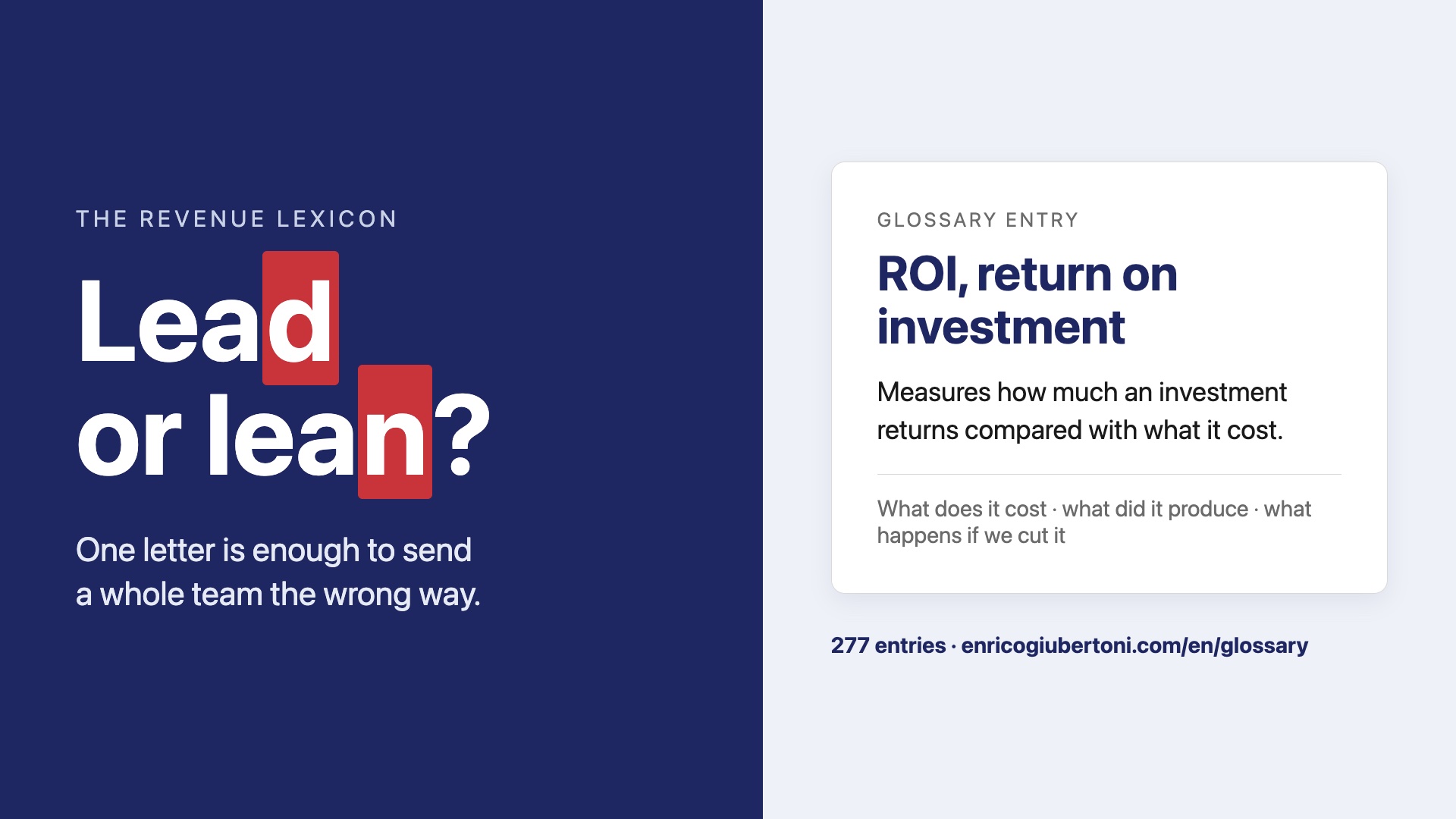 Lead or lean? One letter is enough to send a whole team the wrong way. Beside it, the glossary entry ROI, return on investment