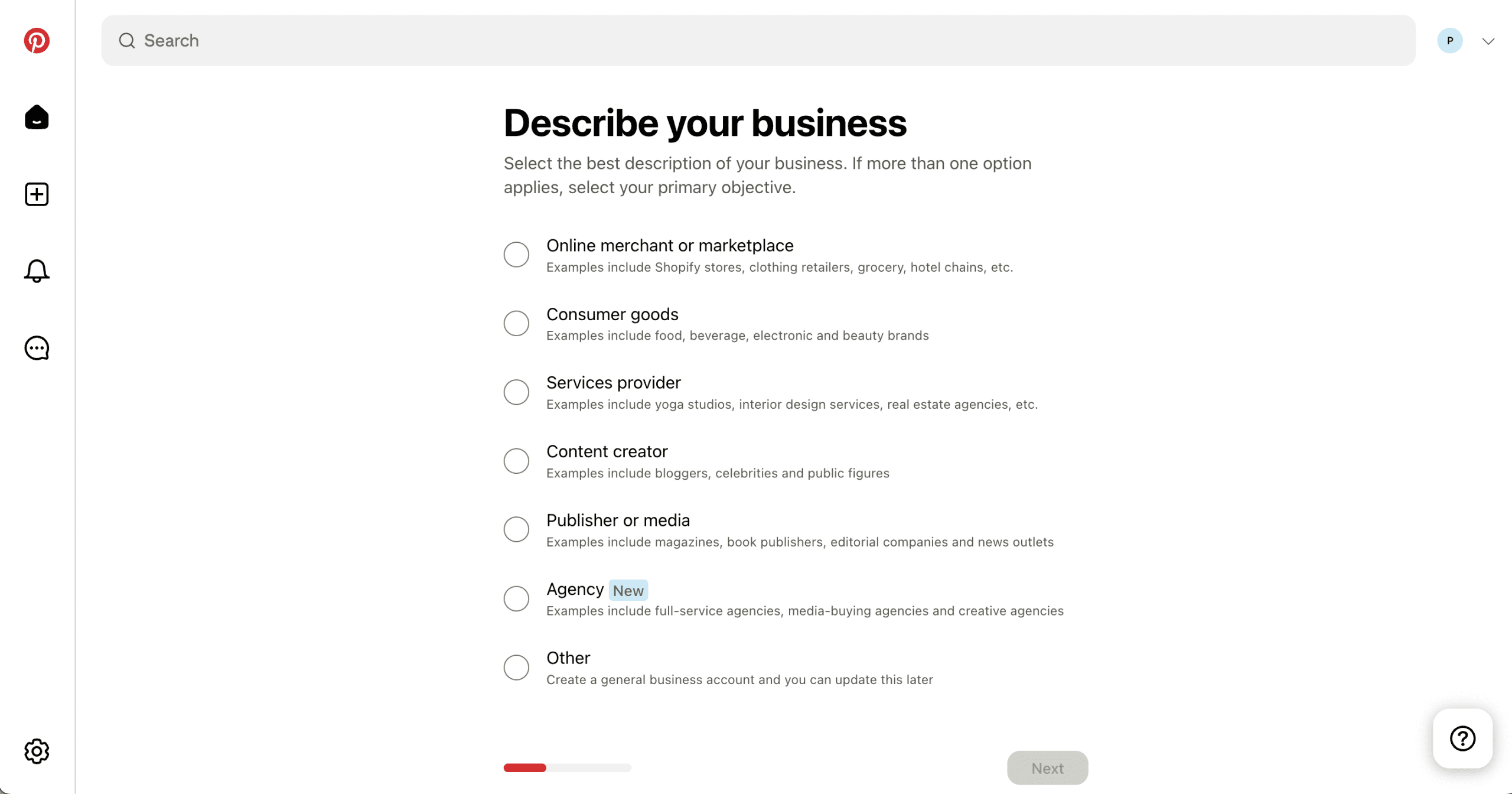 Pinterest Business sign-up: the “Describe your business” screen with the types of business