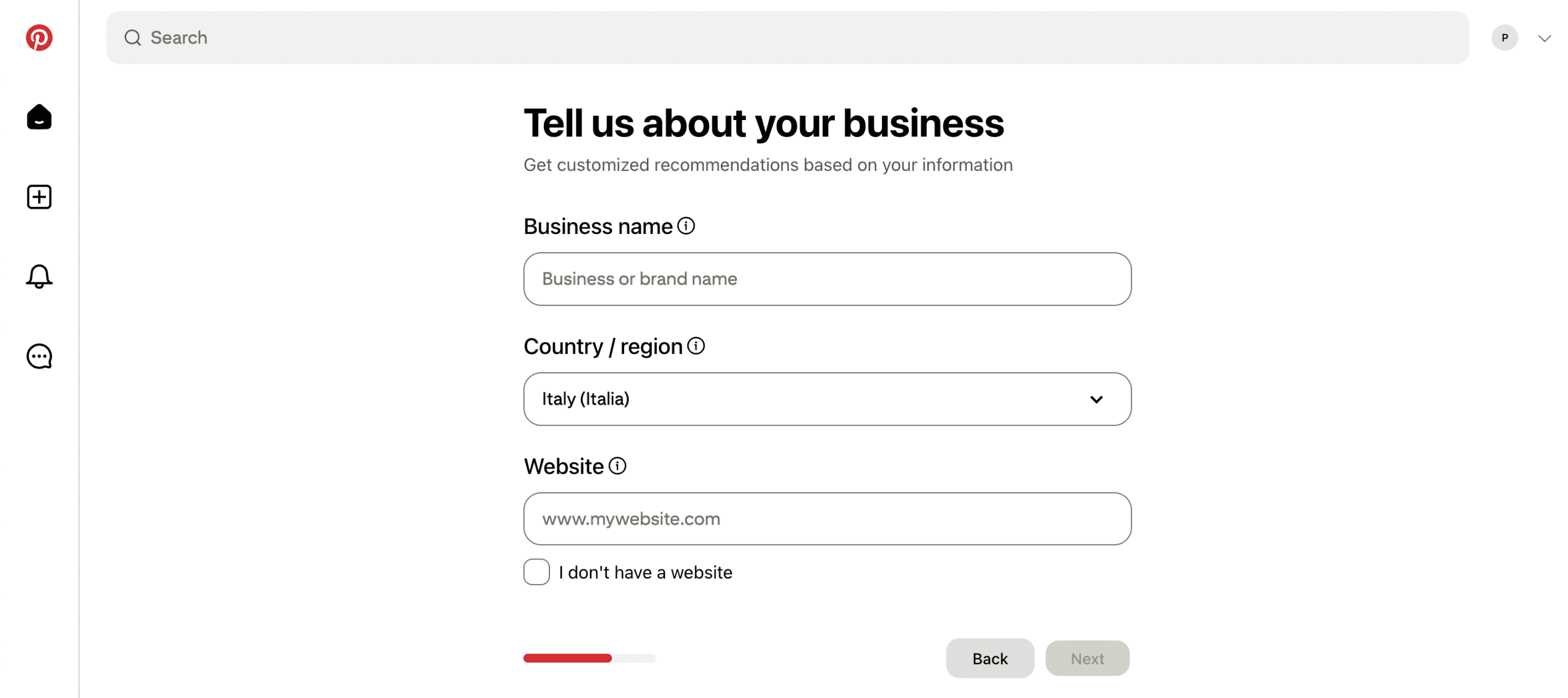 Pinterest Business sign-up: the “Tell us about your business” screen with business name, country and website
