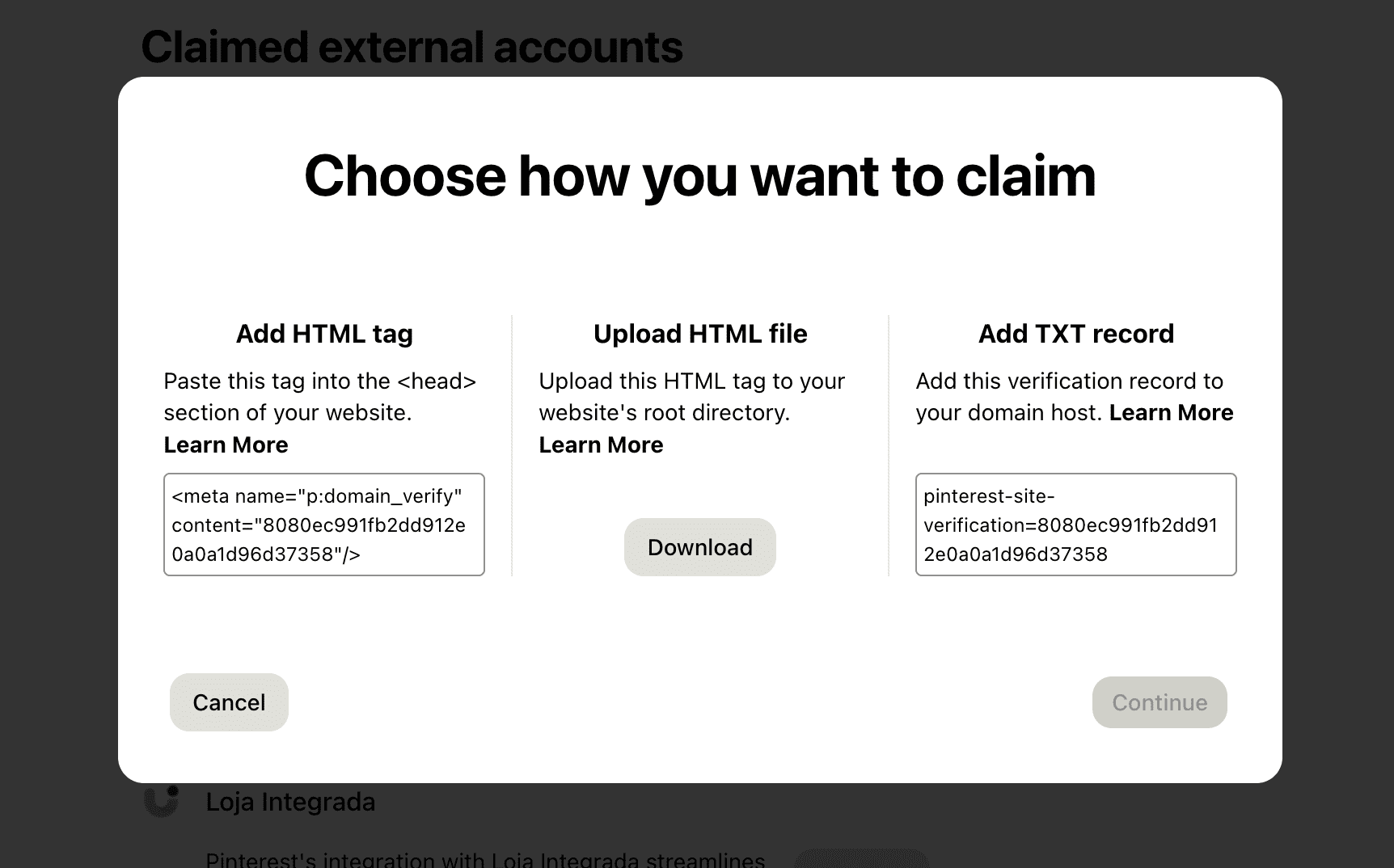 Pinterest Business: the three ways to claim a website, with an HTML tag, an HTML file or a TXT record