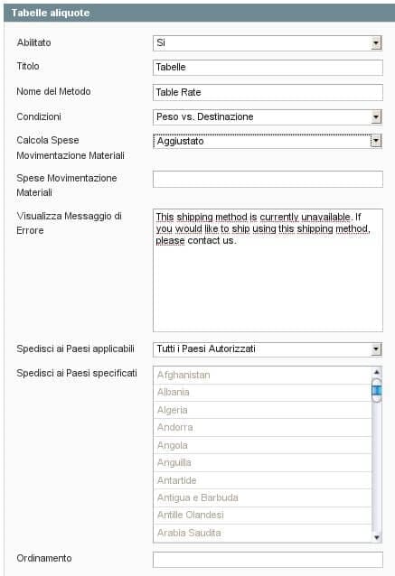 Abilitare la Tabella Aliquota dei Metodi di Spedizione in Magento