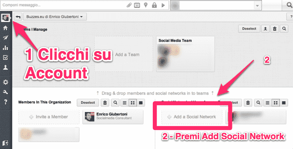 Schermata 1 – aggiungere un social network in Hootsuite