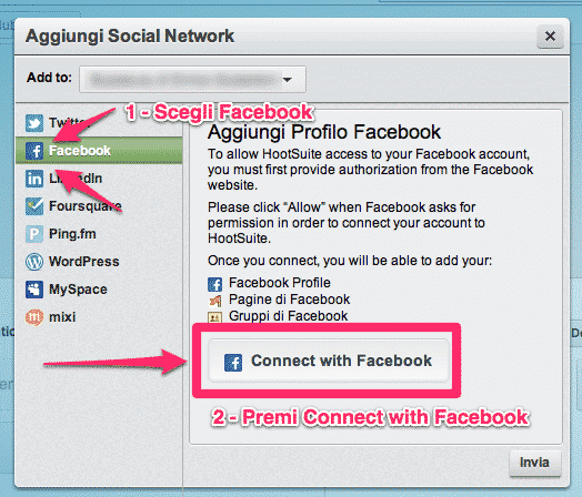 Hootsuite – finestra di dialogo "Aggiungi Social Network"