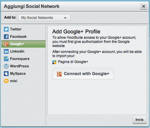 Connettiti con il tuo account di Google+ via Hootsuite