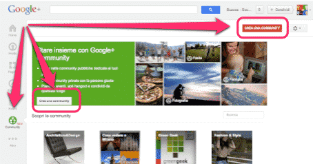 Google+ Community. Come trovarla e dove cliccare per creare una nuova community.