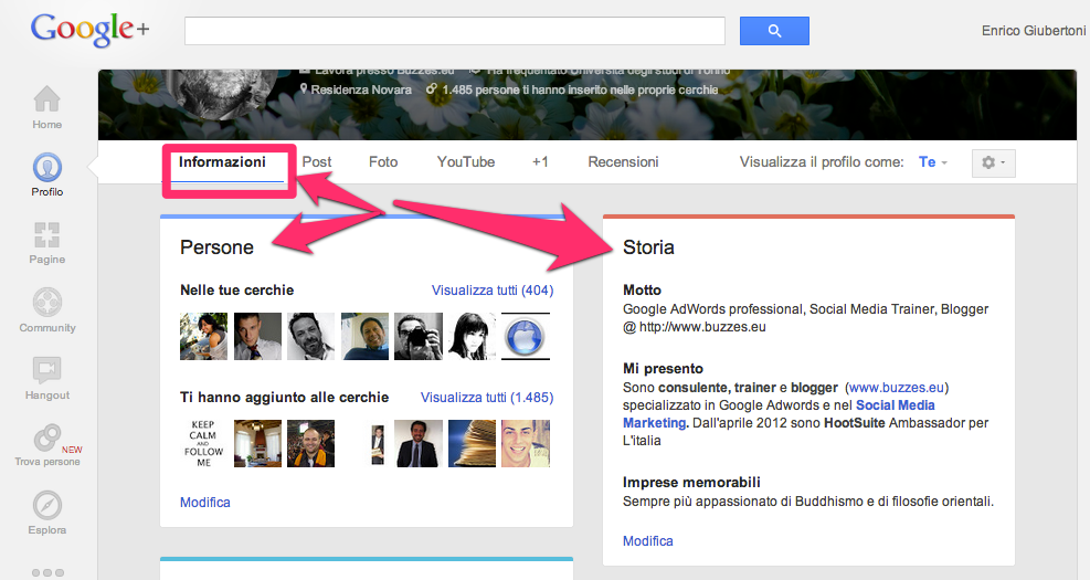 Google+ Novità la scheda informazioni