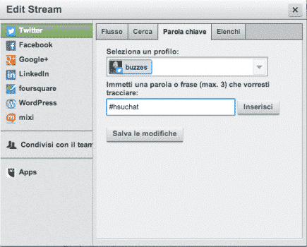 Crea una colonna Parola Chiave e inserischi #HSUChat per seguire il live tweeting