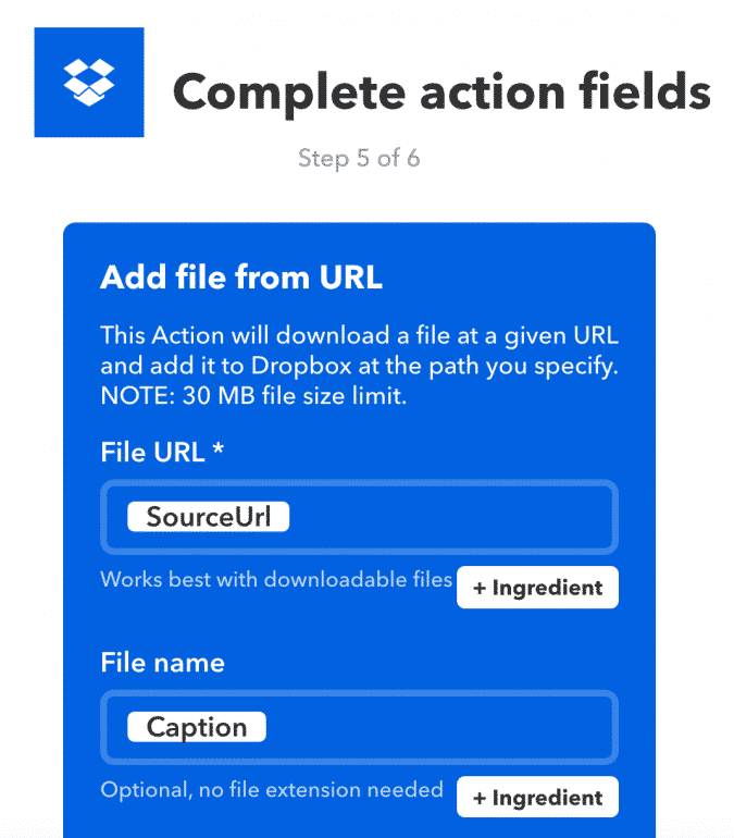 Compilazione campi richiesti connessione dropbox
