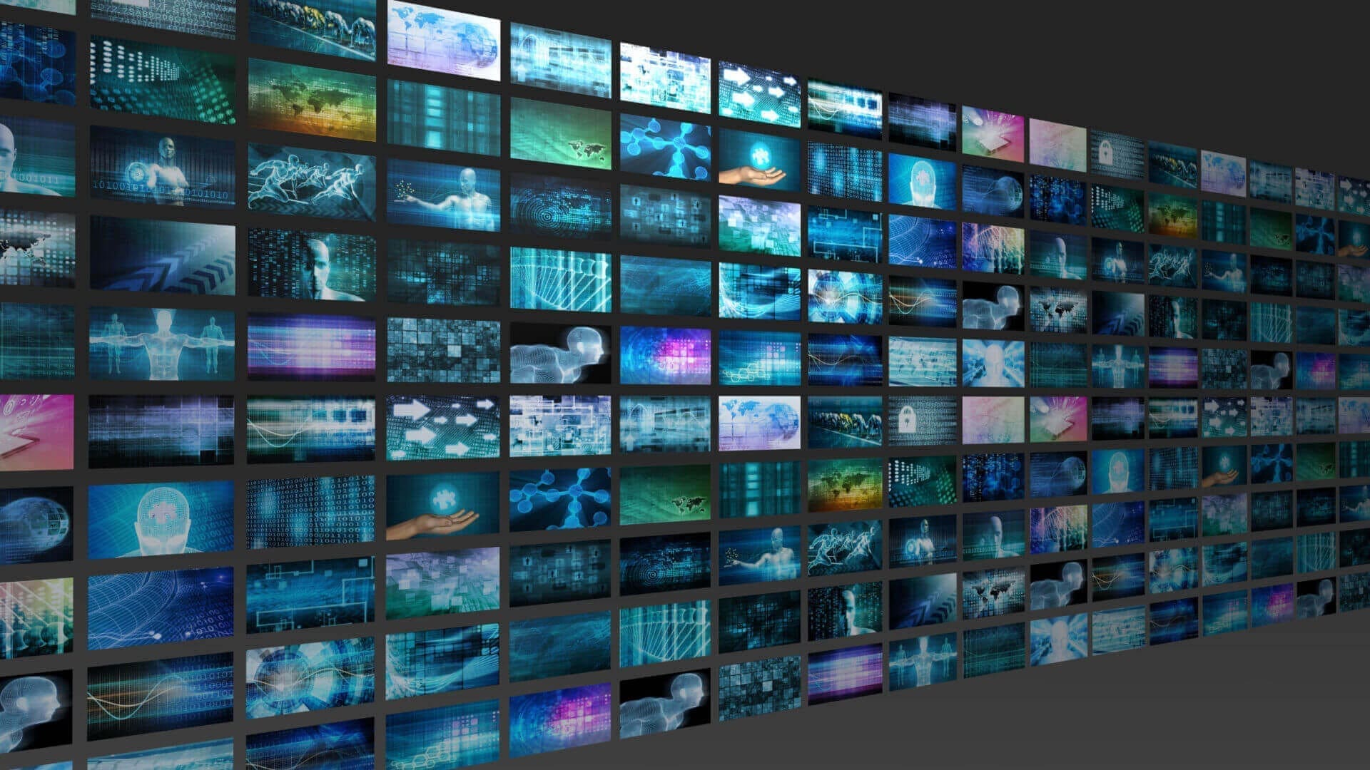 A wall of screens showing data, networks and human figures
