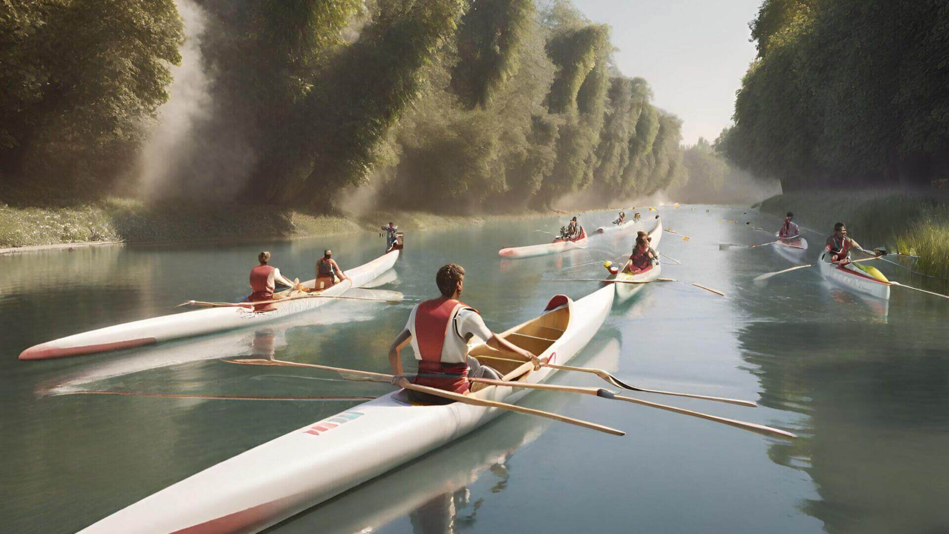 Rowers in several boats moving in step along a tree-lined river