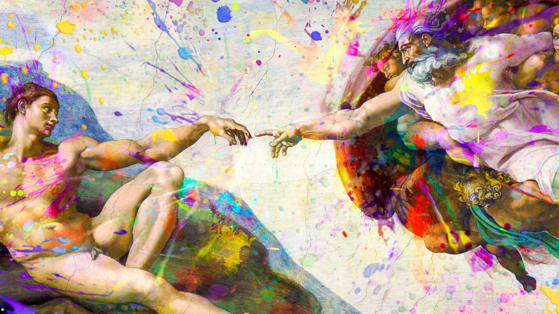 Michelangelo’s Creation of Adam covered in splashes of colour